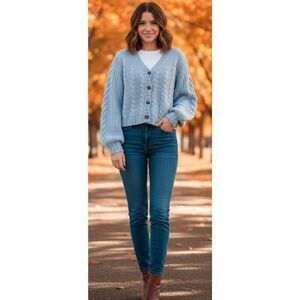 Something Navy Womens small baby blue cardigan cable sweater wool cashmere soft